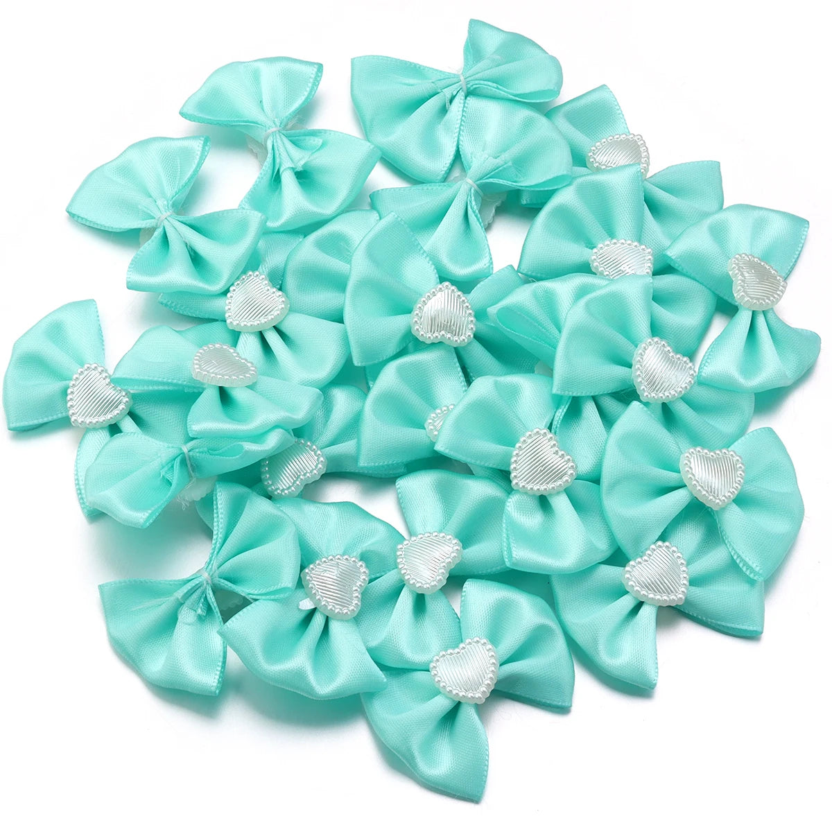 20pcs Satin Ribbon Bows with Pearl Heart – DIY Hair & Gift Decor Bow Appliques PLUSH Green