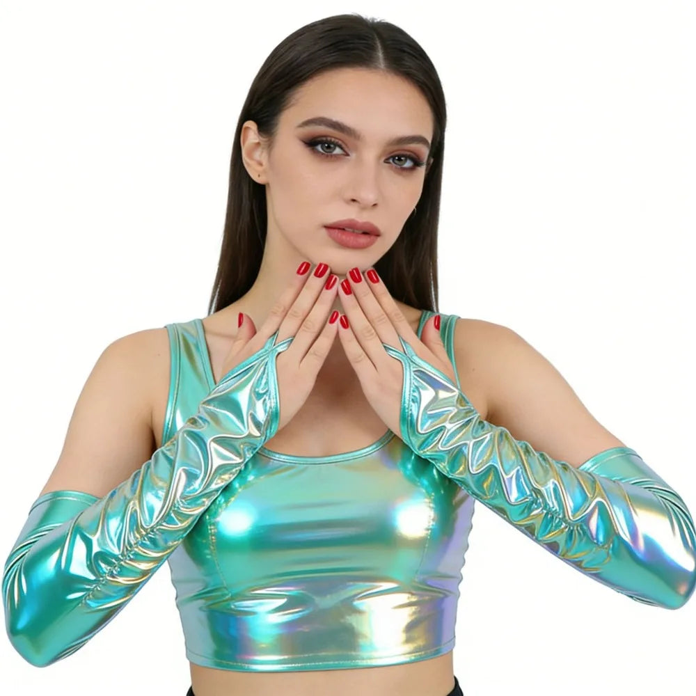 Women's Elbow-Length Shiny Long Gloves – Nightclub Party Fashion Long Gloves PLUSH Iridescent