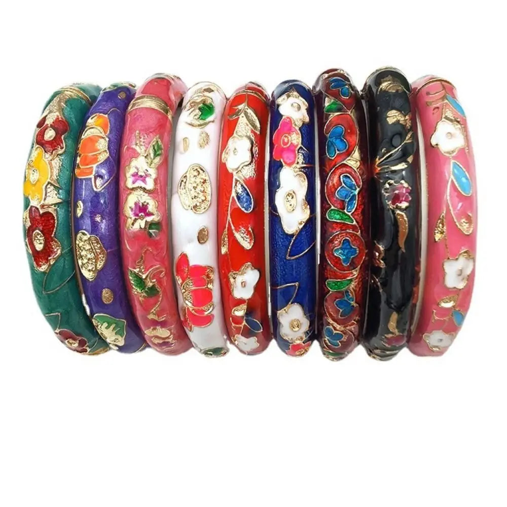 Chinese Cloisonné Enamel Peony Double Bangle Bracelet Women Enamel Bangle Bracelet PLUSH