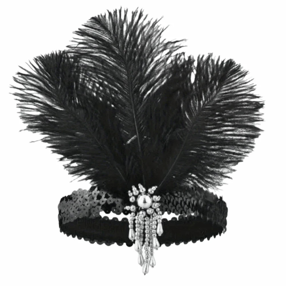 Vintage 1920s Feather Headband – Sequin Rhinestone Headpiece Feather Headband PLUSH Black