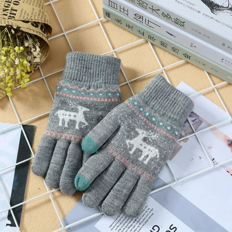 Winter Knitted Cashmere Gloves – Christmas Deer Touch Screen Winter Knitted Gloves PLUSH grey 5pairs