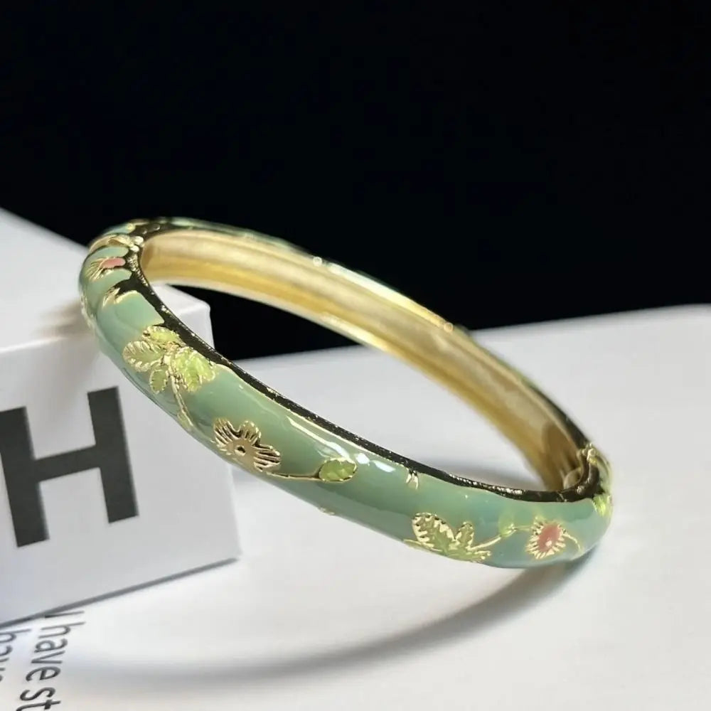 Chinese Cloisonné Enamel Peony Bangle – Vintage Filigree Bracelet Enamel Bangle Bracelet PLUSH green