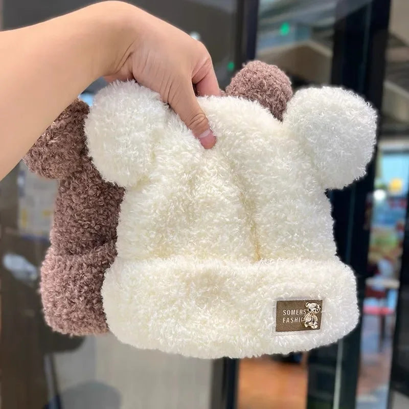 Women's Bear Ear Knitted Beanie – Plush Lined Slouchy Winter Hat Knitted Winter Beanie PLUSH