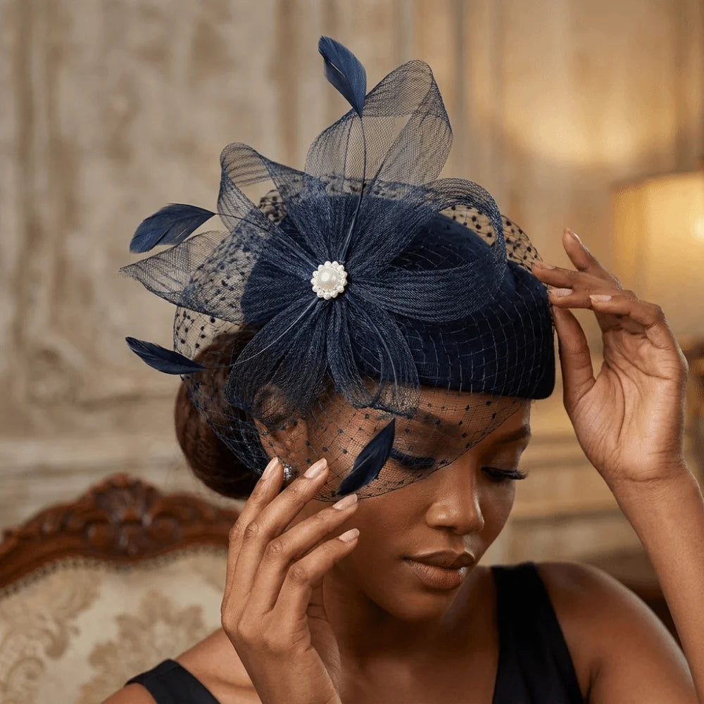 Vintage Feather Mesh Fascinator Hat – Polka Dot Veil Beret Fascinator Hat PLUSH