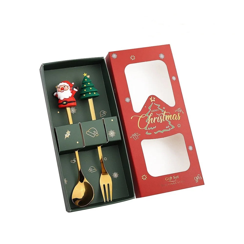 Christmas Santa Cartoon Spoon & Fork Tableware Gift Box Set Holiday Tableware Set PLUSH