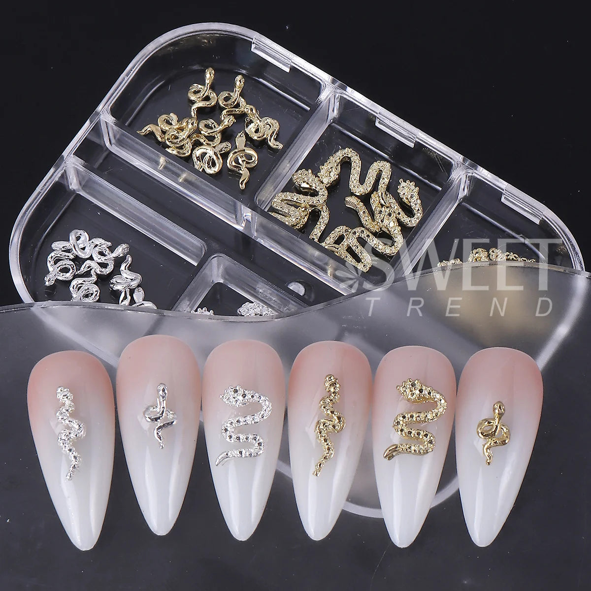 Rhinestone Snake Rivet Nail Charms – Punk Gold & Silver 2 Boxes Nail Art Charms PLUSH