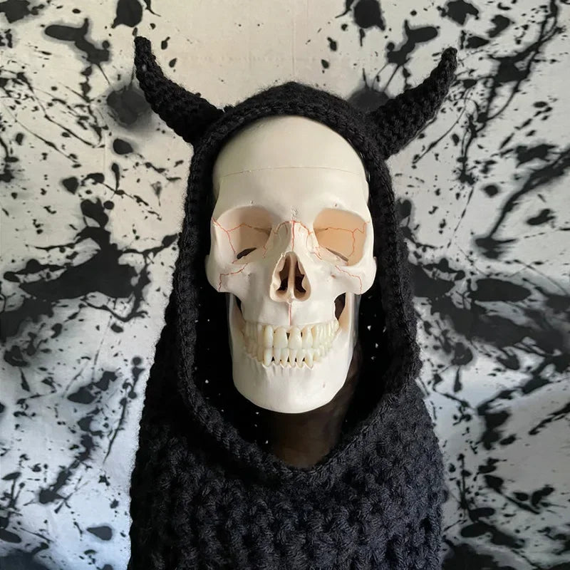 Devil Horn Knit Balaclava Mask | Halloween Beanie Cap Halloween Balaclava Mask PLUSH