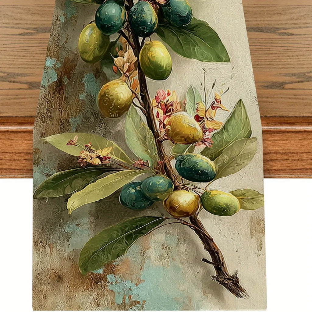 Retro Olive Branch Table Runner | Oil Painting Style Décor Decorative Table Runner PLUSH A 33X183Cm