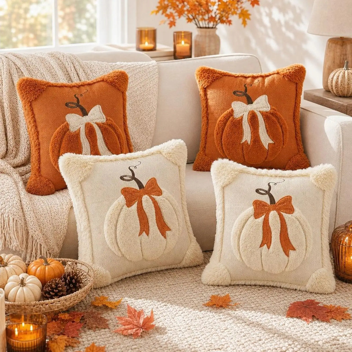 Pumpkin Bow Throw Pillow Cover 45x45cm | Fall Halloween Decor Throw Pillow Cover PLUSH