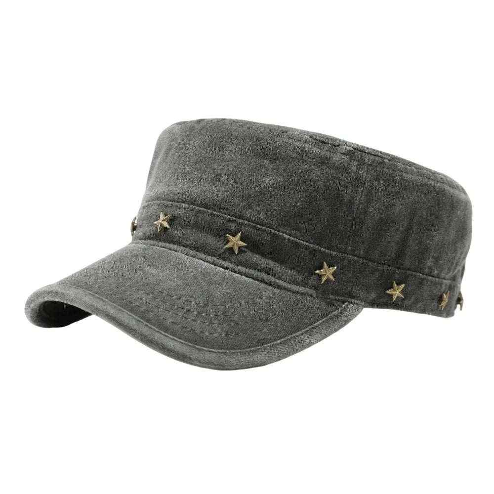 Washed Denim Flat Top Duckbill Cap – Retro Metal Rivet Hat Flat Top Cap PLUSH Light Green