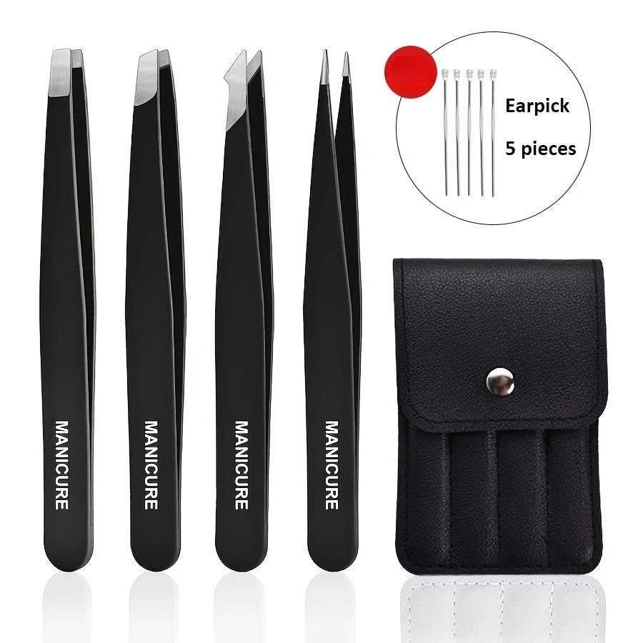 Ouriner 4pc Stainless Steel Tweezers – Eyelash & Brow Kit Beauty Tweezers Kit PLUSH Black 9 Pcs Set