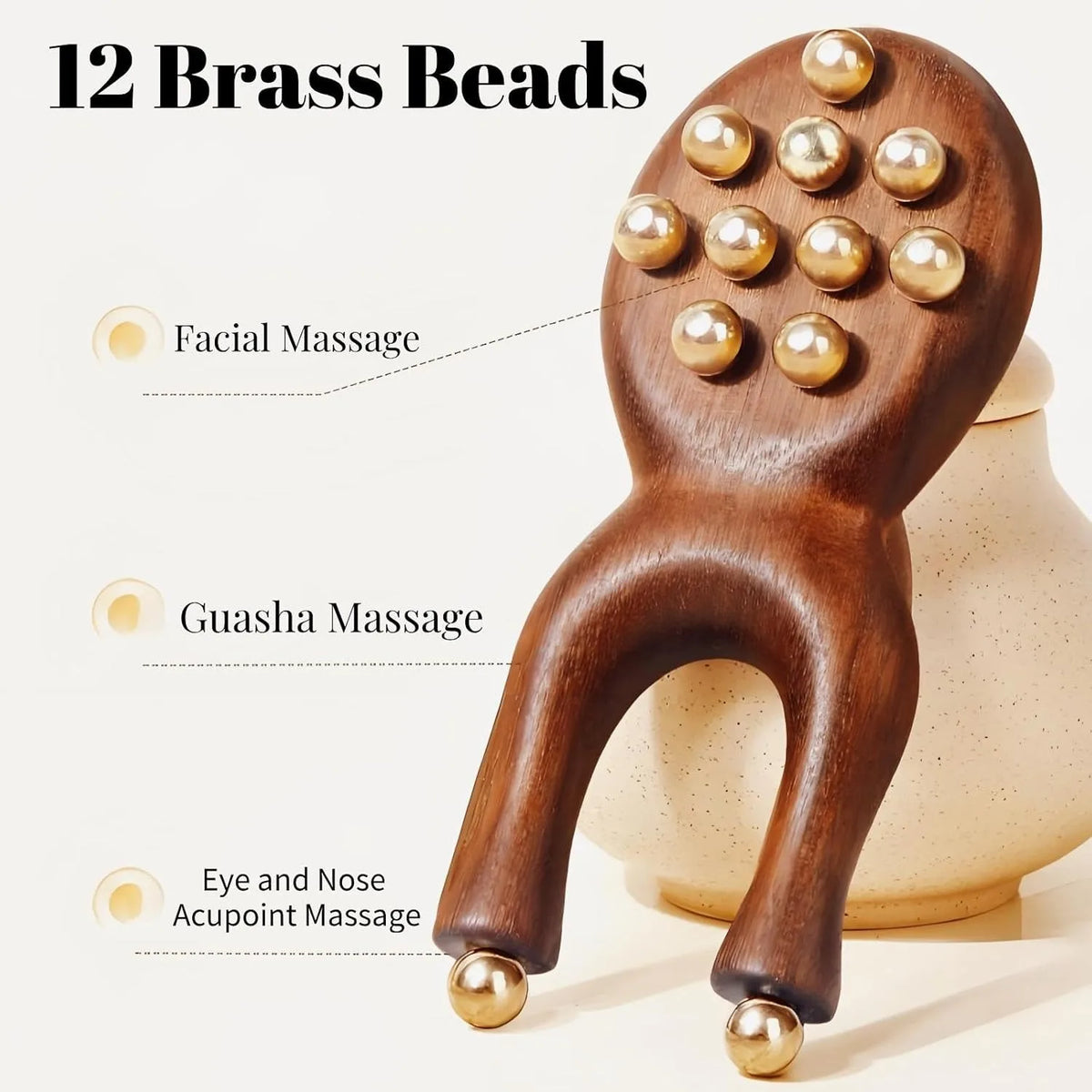 Sandalwood Y-Shaped Facial Roller – 12 Brass Beads Guasha Tool Facial Massage Roller PLUSH