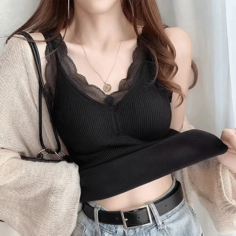 Women's Thermal Lace Camisole – Plush Seamless Warm Vest Thermal Camisole Vest PLUSH Black L