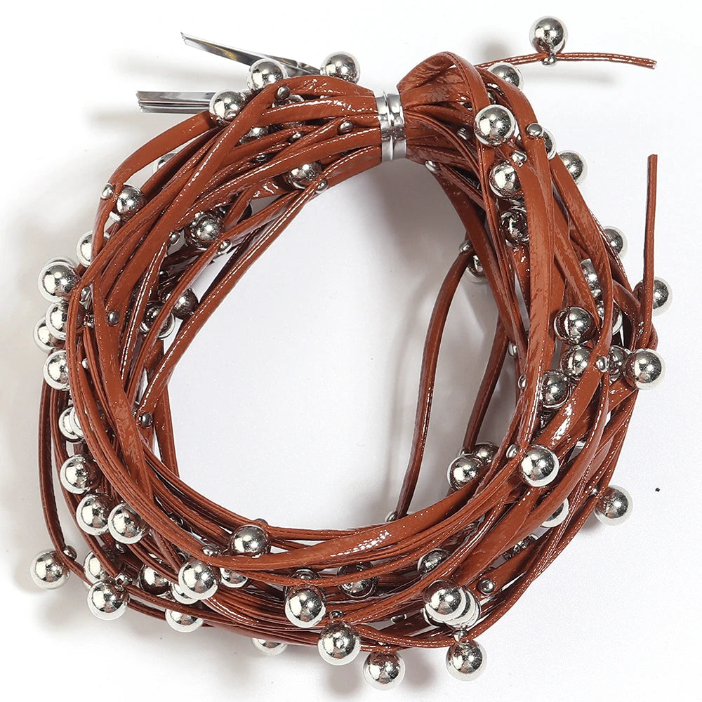 5 Yards Studded PU Leather Cord with Metal Ball Beads – DIY Leather Jewelry Cord PLUSH brown