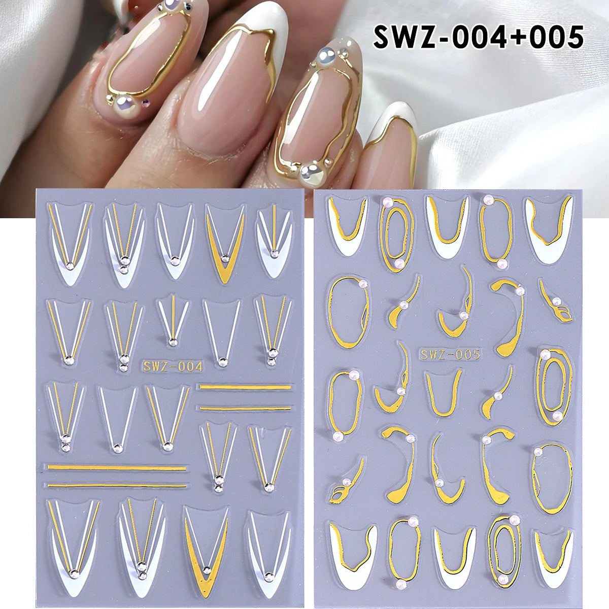 French Line Nail Stickers with Rhinestones Gold Silver 2/3pcs Nail Art Stickers PLUSH SWZ-004-005