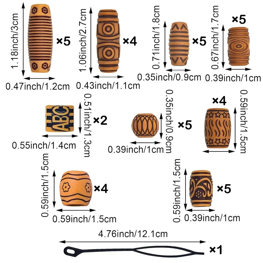 50pcs African Dreadlock Wooden Braiding Beads – Carved Patterns Hair Braiding Beads PLUSH