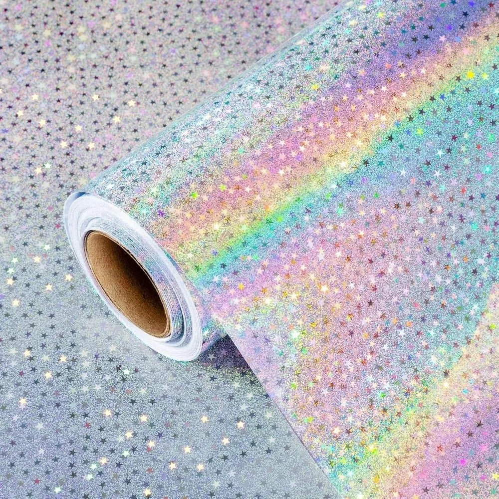 Gradient Laser Wrapping Paper Roll 43×300cm – Holographic Gift Wrapping Paper PLUSH Silver Star