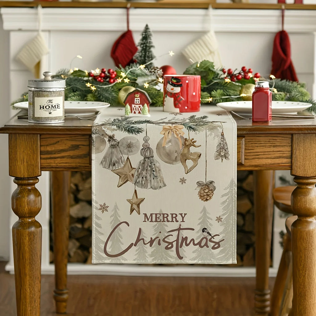 Scandinavian Christmas Table Runner – Elk & Pine Watercolor Print Christmas Table Runner PLUSH