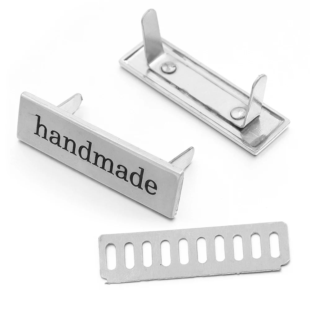 Vintage Metal "Handmade" Label Tags Oval & Rectangle – 2pcs Sewing Label Tags PLUSH silver x rectangle