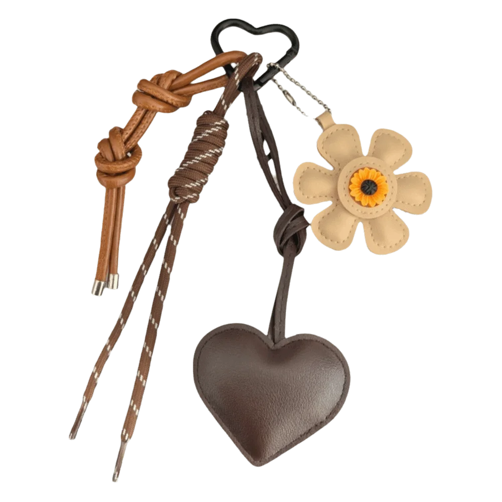 Vintage Sunflower Heart Bag Charm Keychain – PU & Alloy Bag Charm Keychain PLUSH Beige