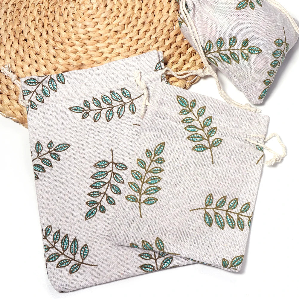 Green Leaf Cotton Linen Drawstring Pouches 5pcs – Gift Bags Drawstring Pouch Bags PLUSH