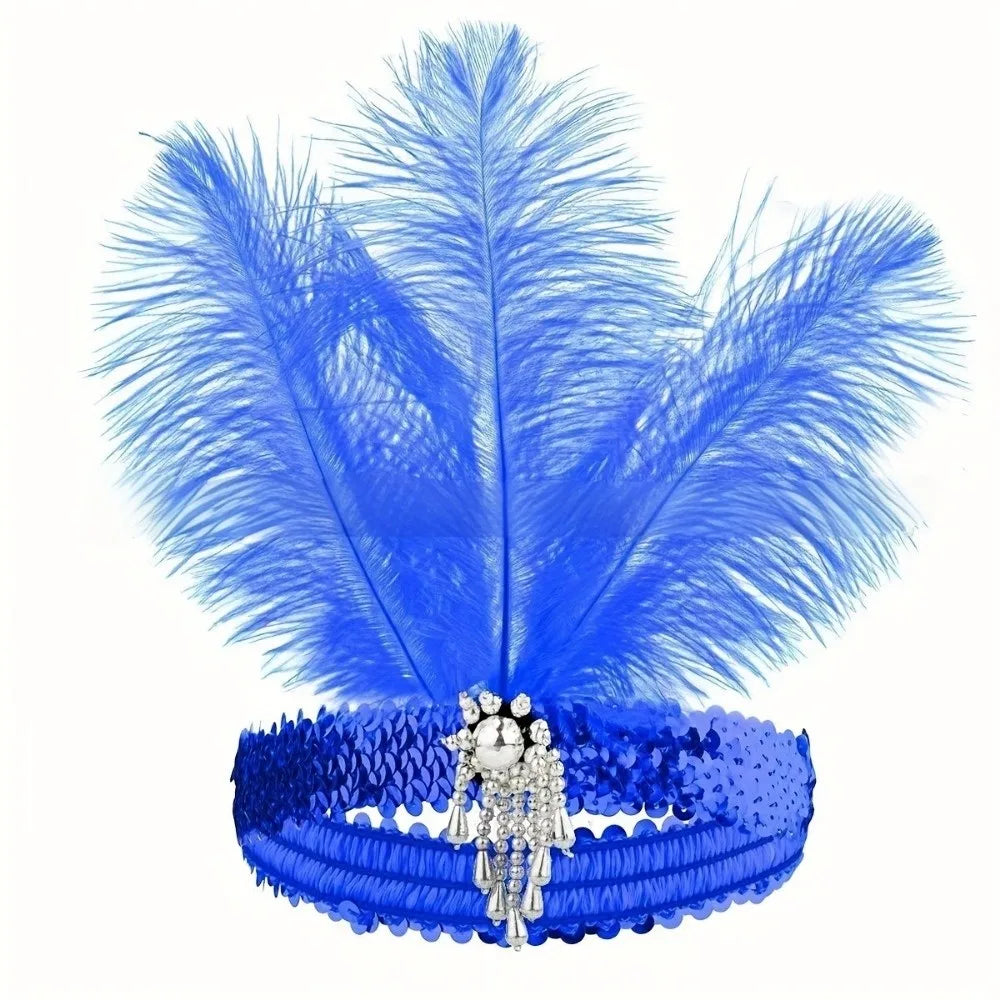 Vintage 1920s Feather Headband – Sequin Rhinestone Headpiece Feather Headband PLUSH Blue
