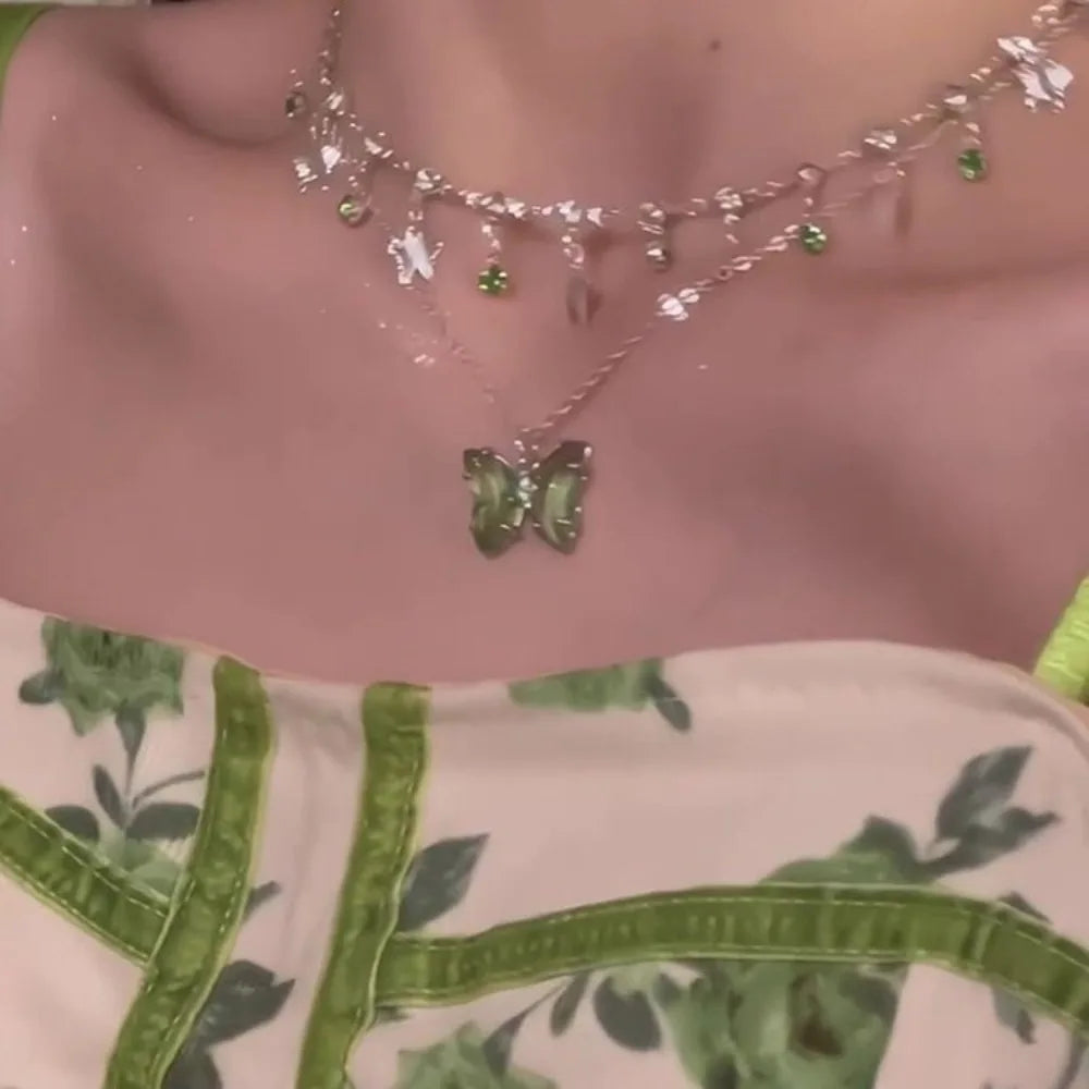 Zircon Butterfly Choker Necklace – Double Layer Rhinestone Tassel Choker Necklace PLUSH