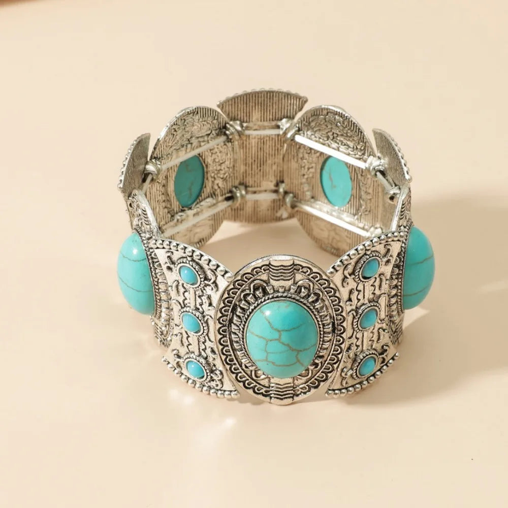 Tribal Wide Elastic Bangle – Bohemian Turquoise Bracelet Cuff Bangle Bracelet PLUSH Green