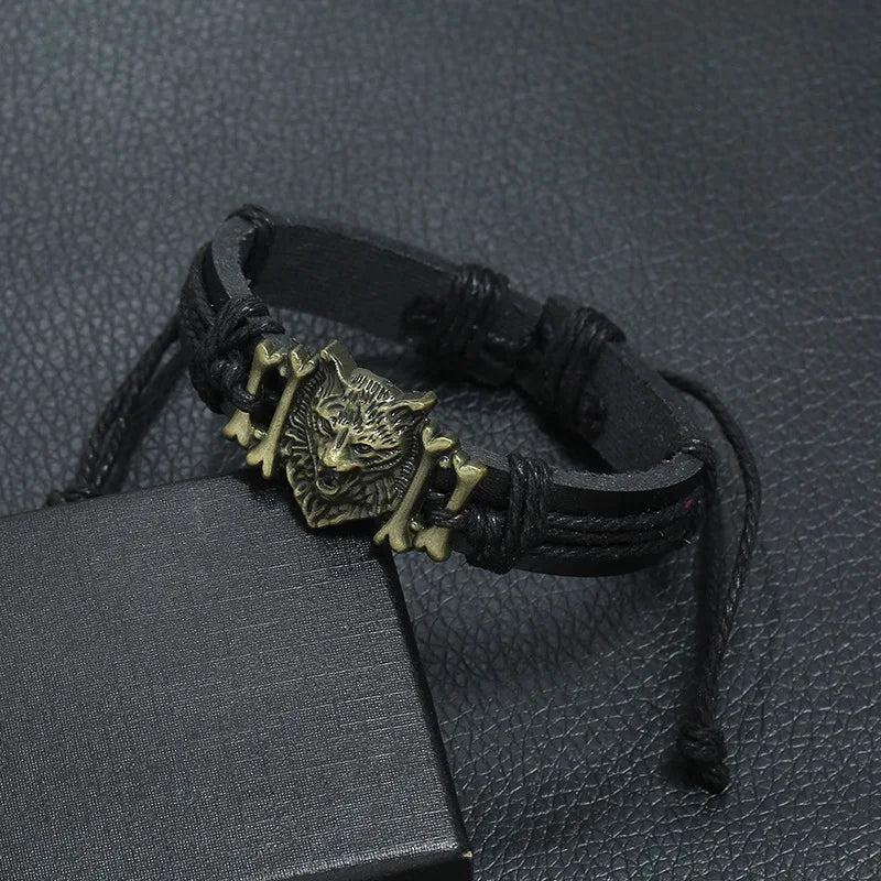 Viking Wolf Head Braided Leather Bracelet – Adjustable Unisex Charm Bracelet PLUSH
