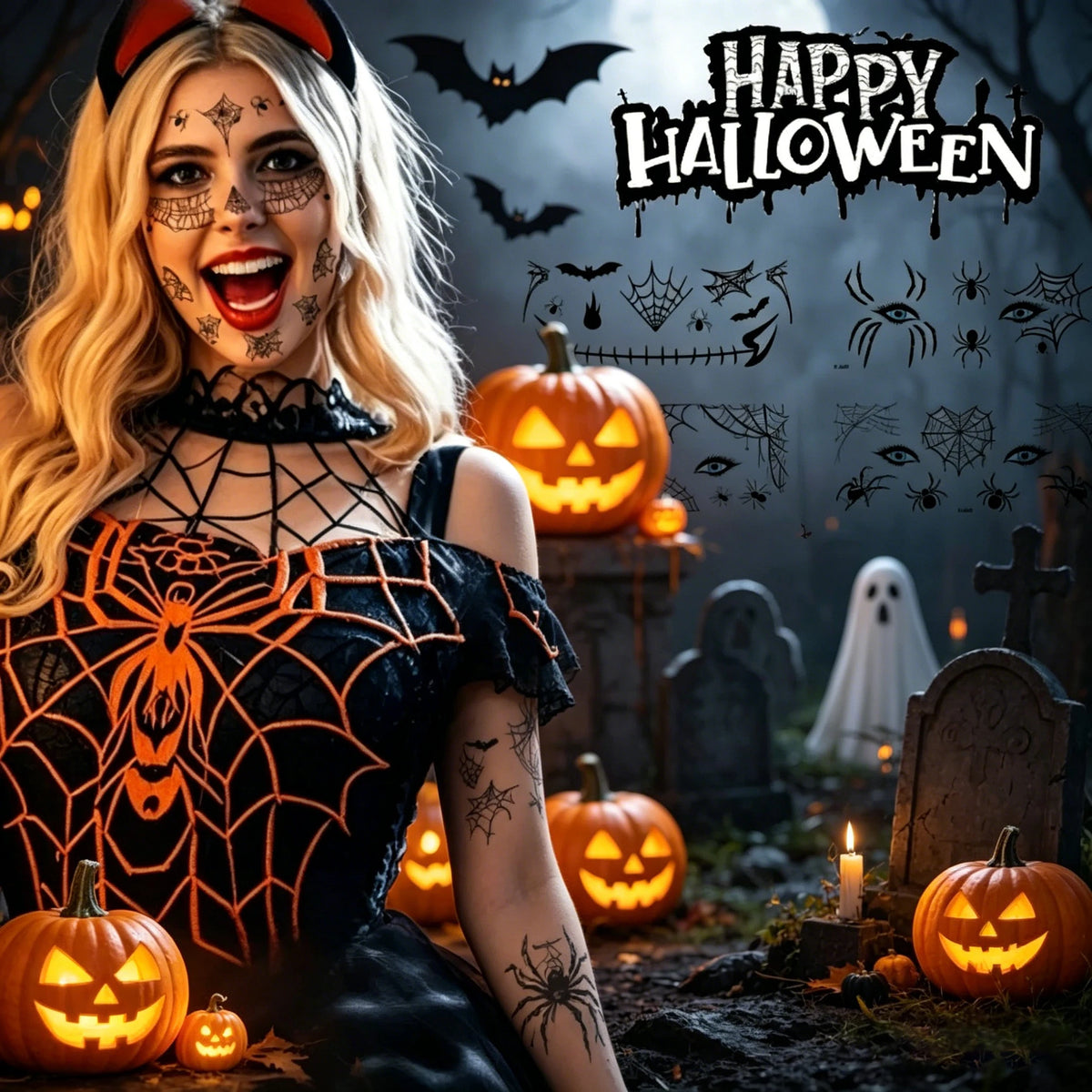 Halloween Temporary Tattoos Kit – Spider Web, Bat & Spider Temporary Tattoo Kit PLUSH