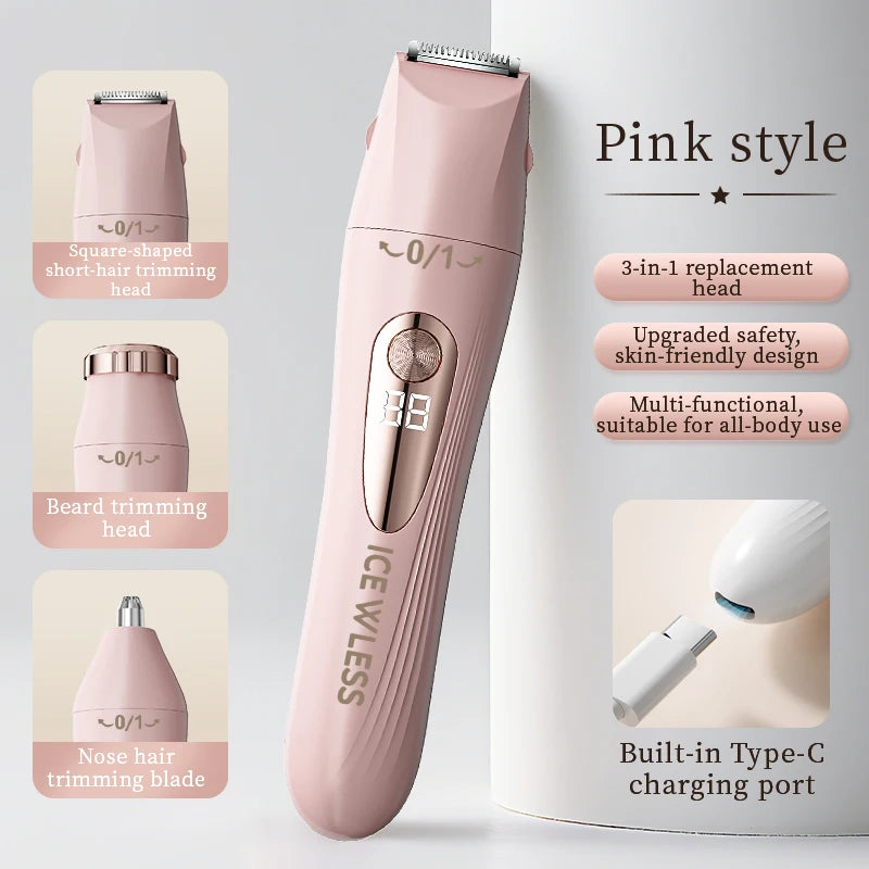 Women's 3-in-1 Electric Shaver USB Rechargeable LCD Display Women's Electric Shaver PLUSH Pink