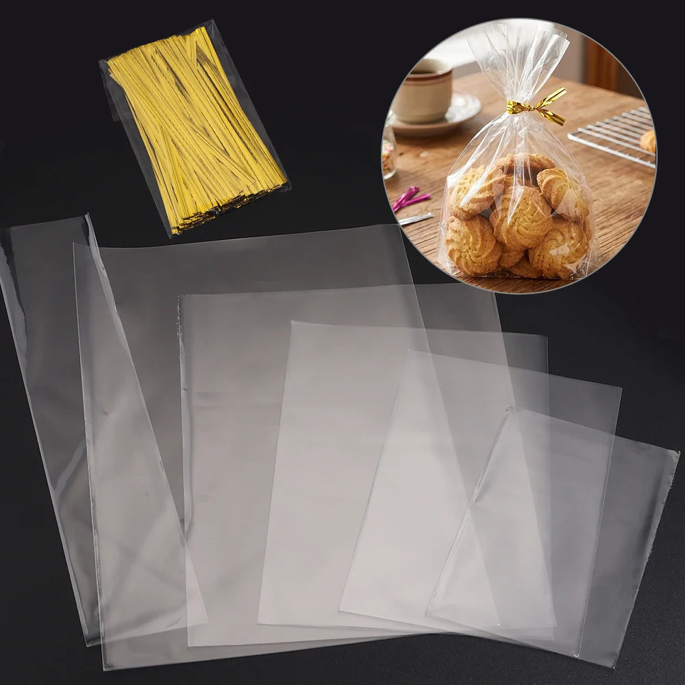 100pcs Transparent Treat Bags with Twist Ties | Cookie & Candy Treat Packaging Bags PLUSH