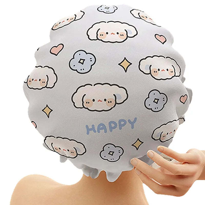 Cute Cartoon Double Layer Reusable Shower Cap – Waterproof Shower Cap PLUSH