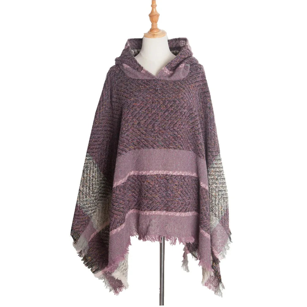 Women's Tassel Hooded Cape Plaid Knit Shoulder Wrap Cloak Hooded Cape Wrap PLUSH Purple