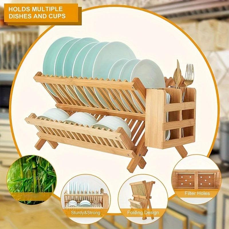 Foldable 2-Layer Bamboo Dish Drying Rack with Utensil Holders Dish Drying Rack PLUSH