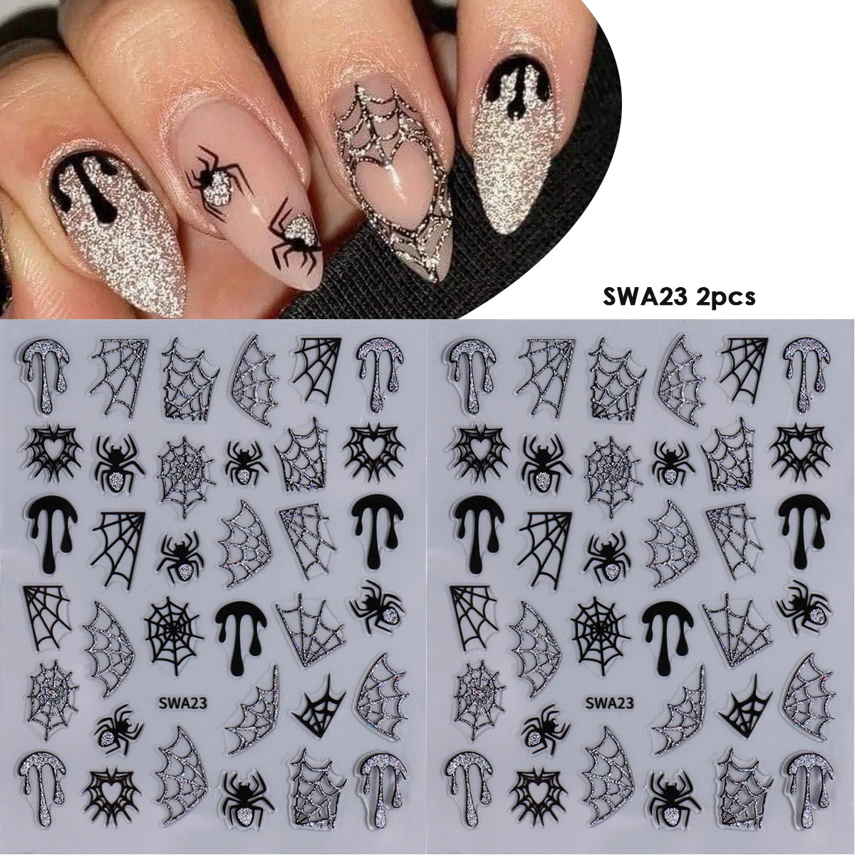 Glitter Bat Halloween Nail Stickers – Spider Web & Heart Decals Halloween Nail Stickers PLUSH SWA23 2pcs