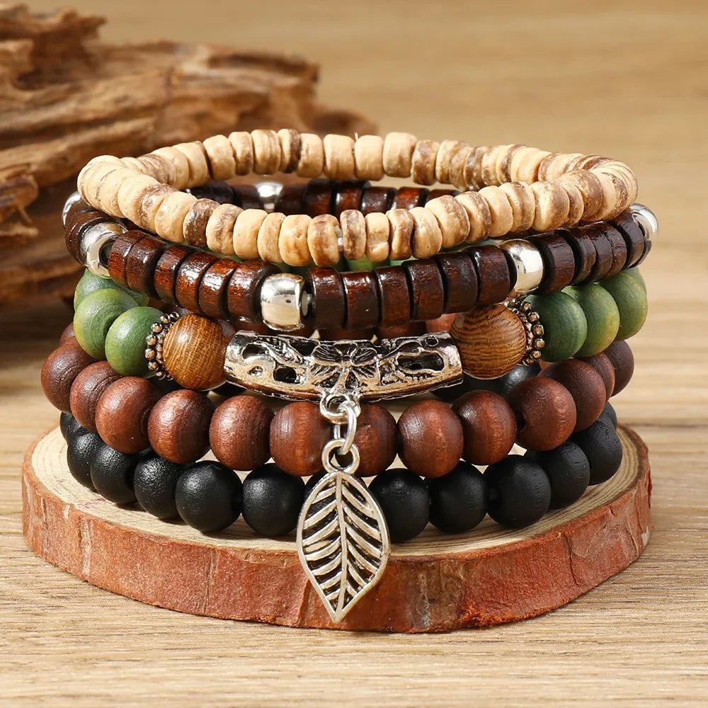 Boho Wooden Bead Bracelet Set – Handmade Stretch Multi-Layer Beaded Bracelet Set PLUSH Style B