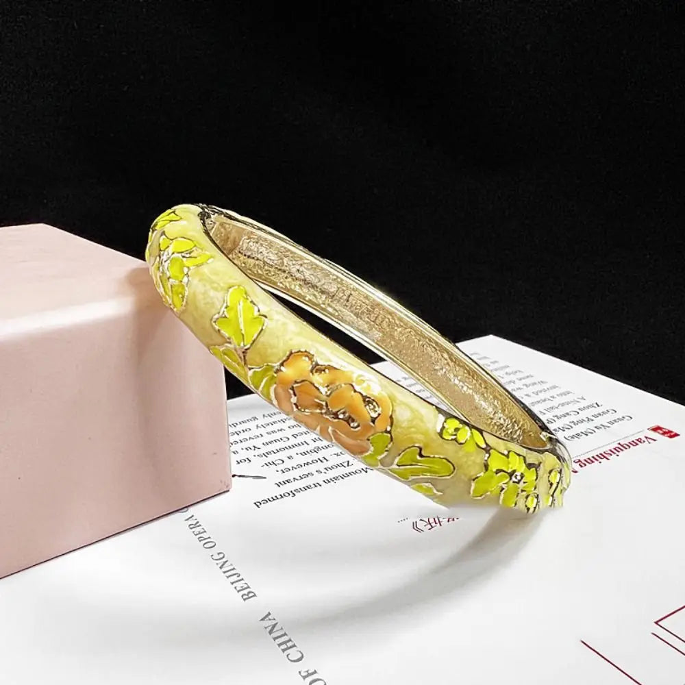 Chinese Cloisonné Enamel Peony Double Bangle Bracelet for Women Enamel Bangle Bracelet PLUSH yellow