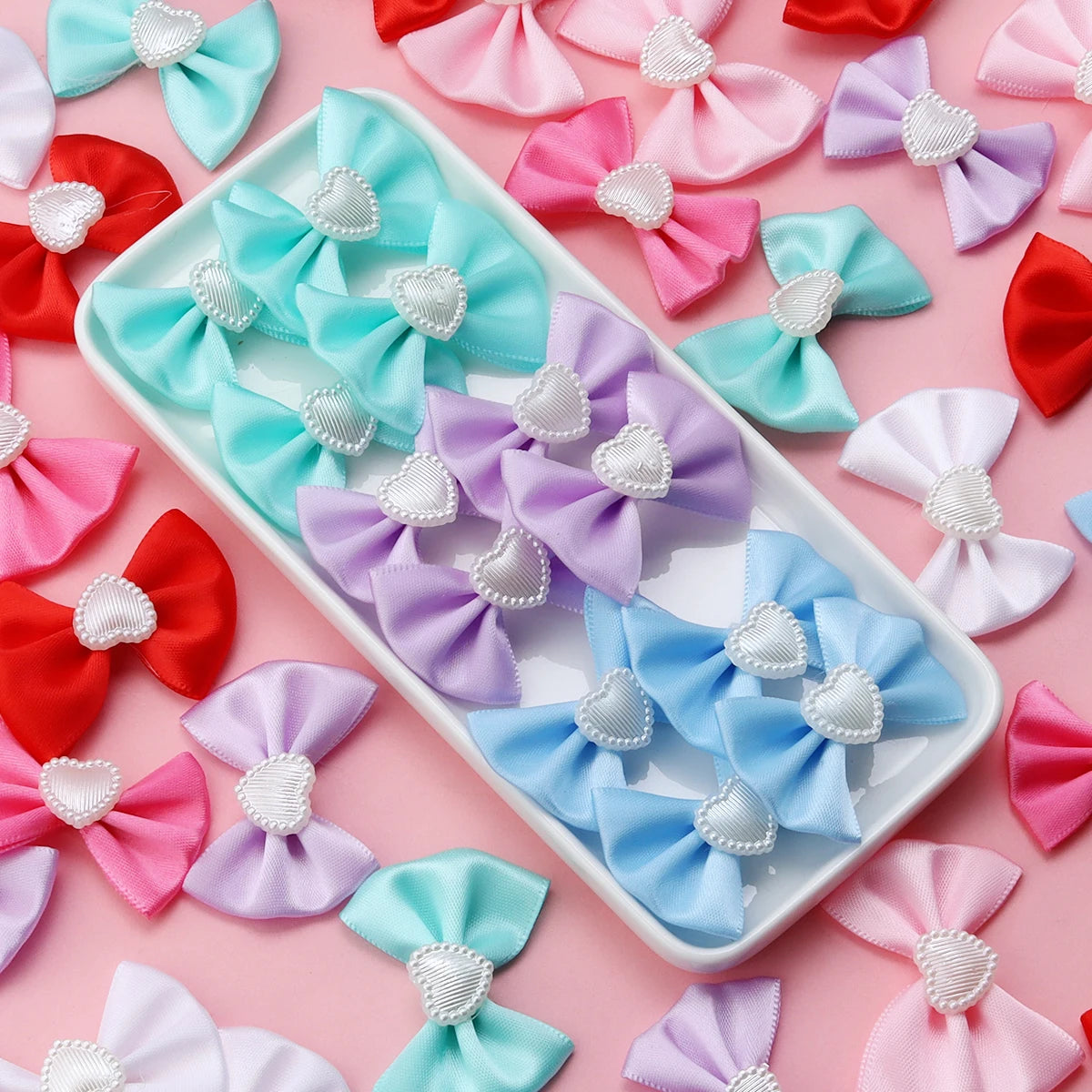 20pcs Satin Ribbon Bows with Pearl Heart – DIY Hair & Gift Decor Bow Appliques PLUSH