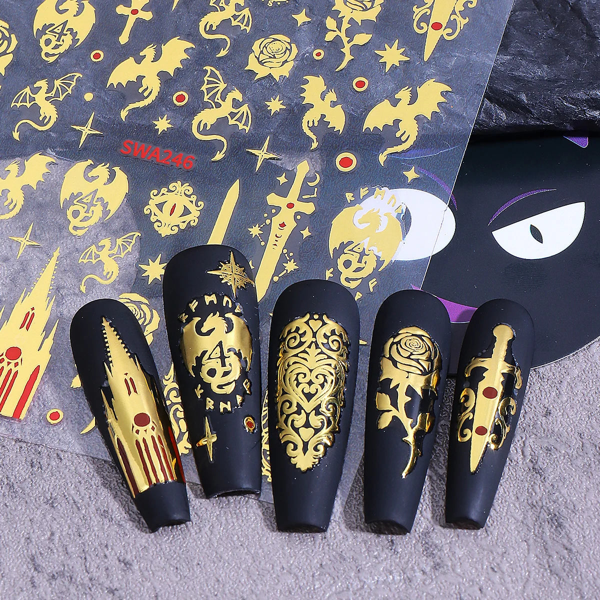 Gothic Dragon 3D Nail Decals – Dark Fantasy Bronzing Stickers 2pk Nail Art Stickers PLUSH