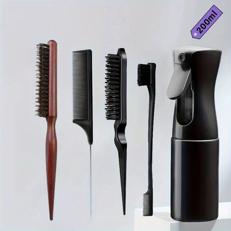Bristle Hair Brush Set Wooden Handle Teasing Comb & Spray Bottle Hair Brush Set PLUSH 5pcs set-A