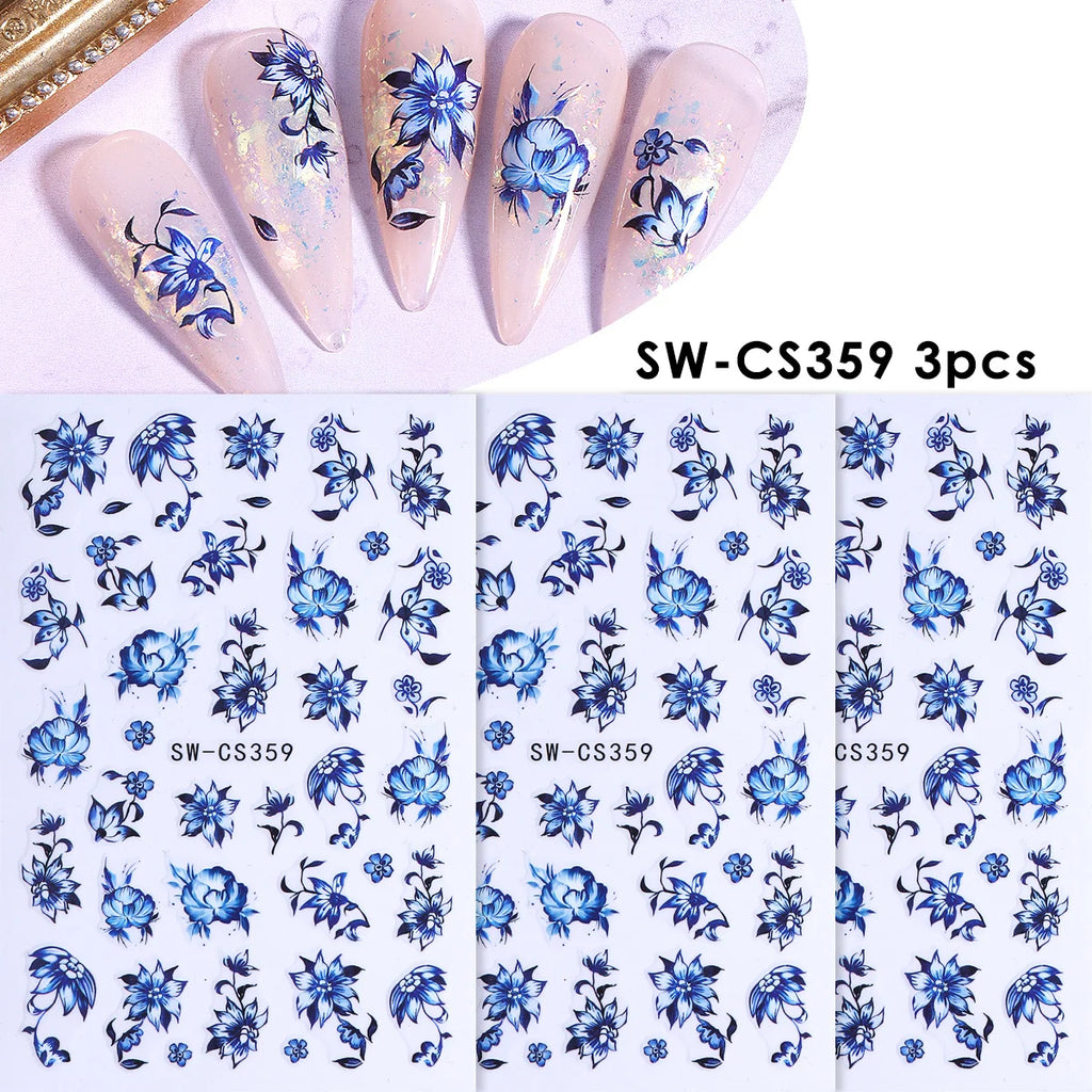 3pcs Blue White Porcelain Nail Stickers – Chinese Floral Decals Nail Art Stickers PLUSH SW-CS359 3pcs