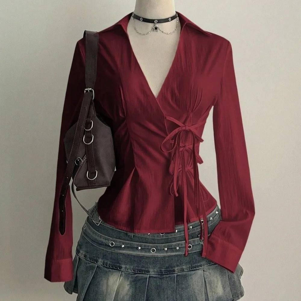Women's Y2K V-Neck Tie-Waist Chiffon Blouse | Slim Fit Top Chiffon Blouse PLUSH Red L
