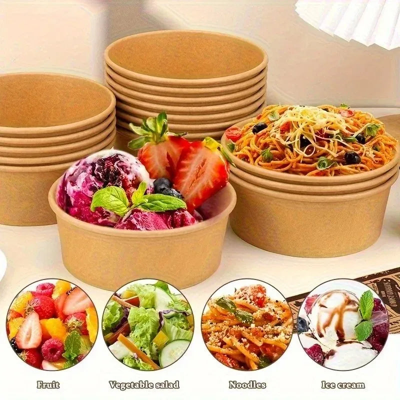 Kraft Paper Round Bowls with Lids – Disposable Bento Box Disposable Food Containers PLUSH