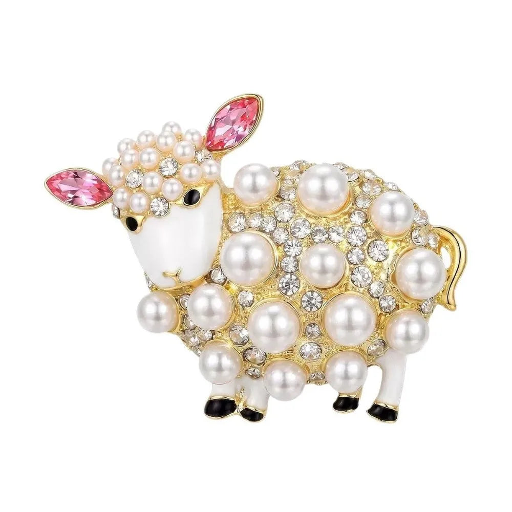 Sheep Brooch Pin – Imitation Pearl & Rhinestone Animal Pin Animal Brooch Pin PLUSH Gold