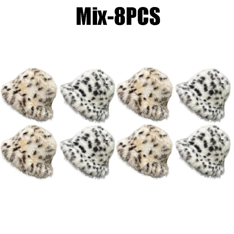 Women's Puffy Faux Fur Bucket Hat | Leopard Print Winter Hat Faux Fur Bucket Hat PLUSH Mix-8PCS