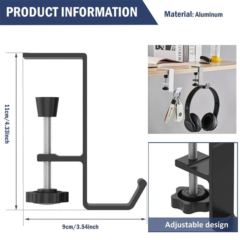 Punch-Free Headset Hanger Adjustable Desk Edge Hook – 1/2pc Desk Hook Organizer PLUSH