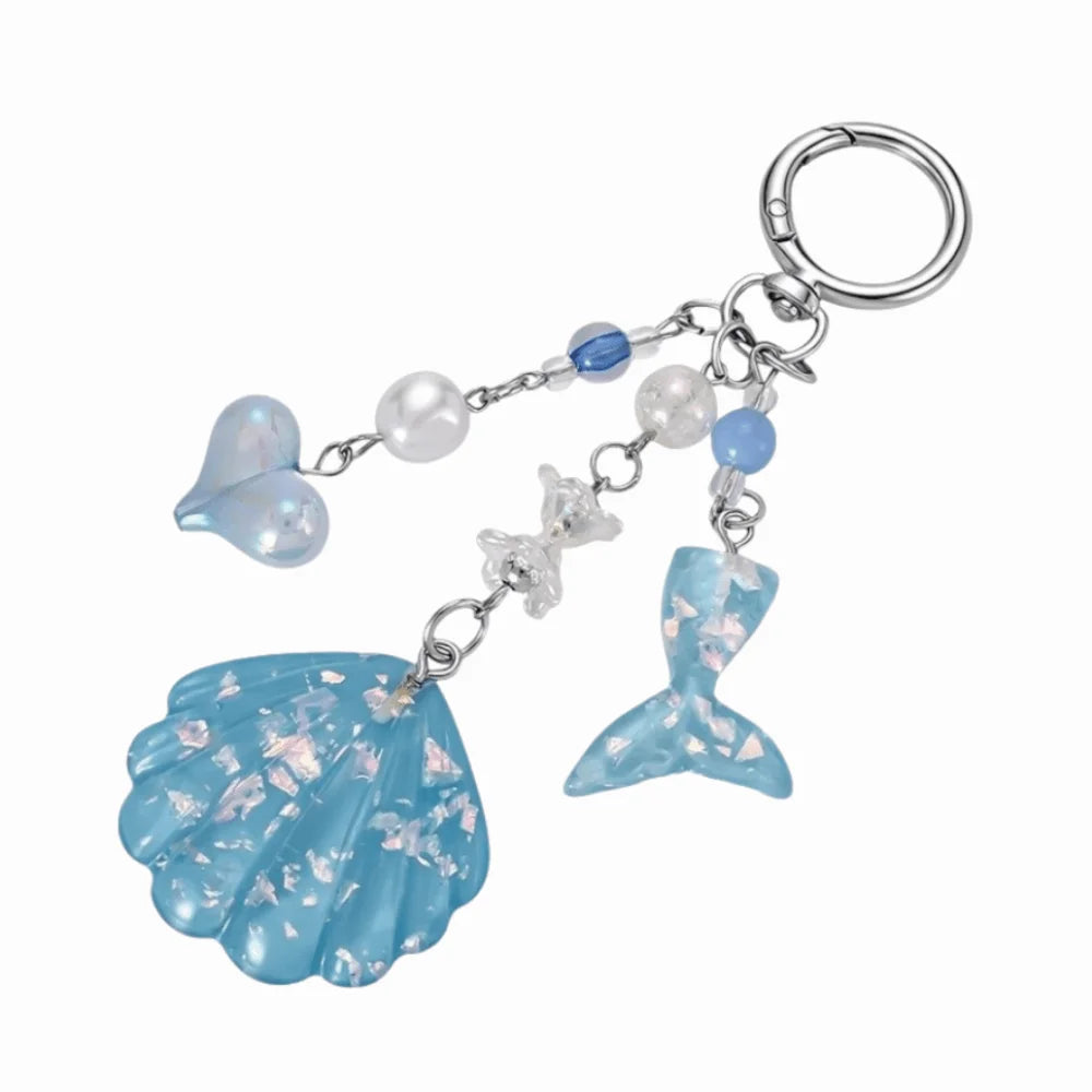 Shell Beaded Phone Charm Keychain – Glitter Sequin & Pearl Shell Charm Keychain PLUSH Blue