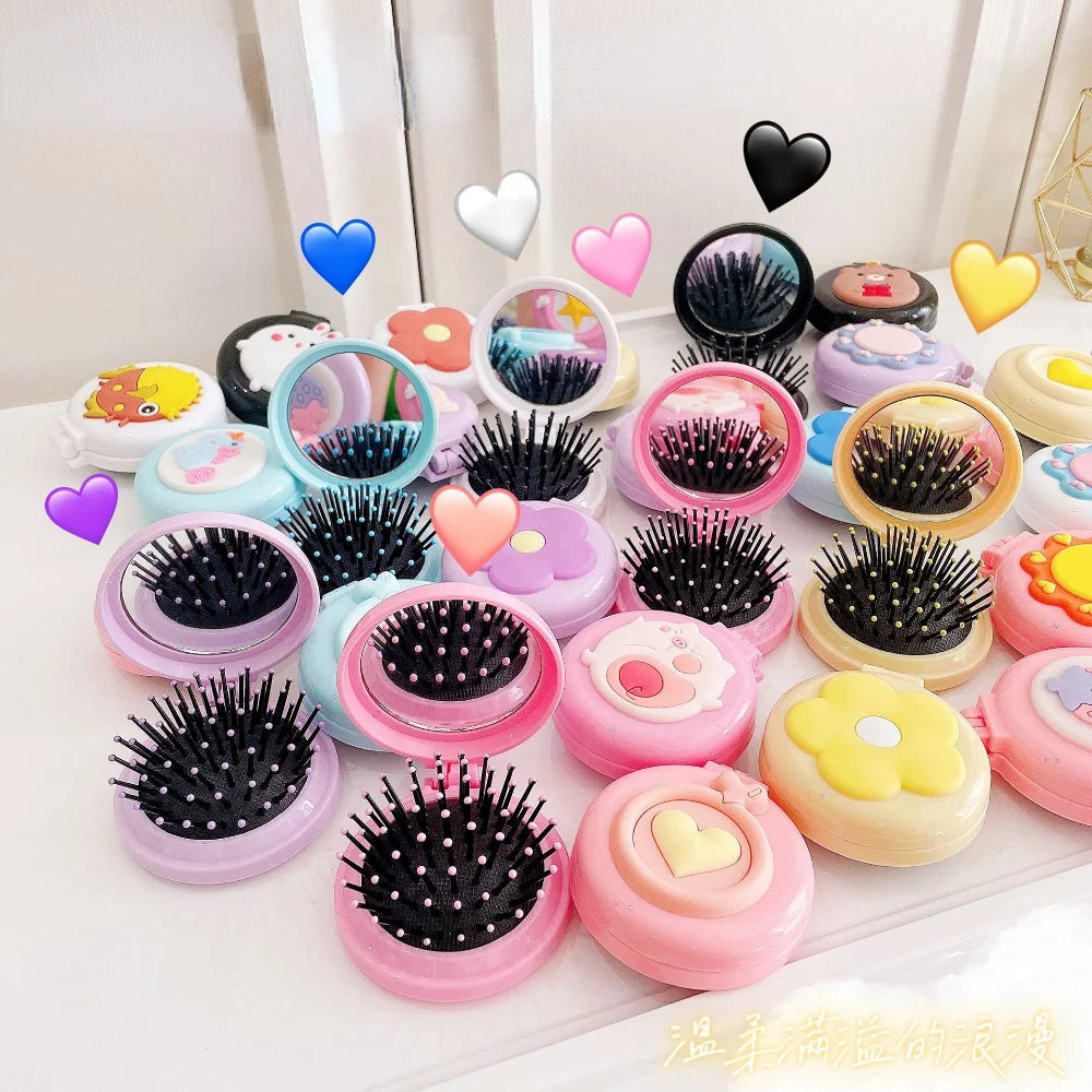 Strawberry Folding Hair Comb with Mirror – Portable Travel Brush Folding Hair Comb PLUSH