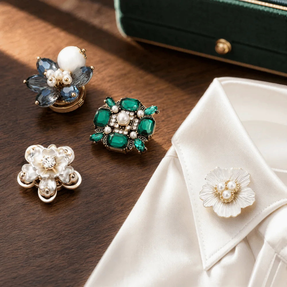 Floral Rhinestone Collar Buttons – No-Sew Detachable Pearl Beaded Decorative Collar Buttons PLUSH